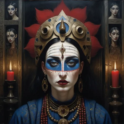 Prompt: Portrait of a beautiful cult leader, wearing a ritualistic mask; standing in a dimly lit underground chamber entrance adorned with symbols and flickering dark red candles, detailed stunning eyes, sinister glare, human sacrifices on either side, light mist, cobalt blue, intricate gold embellishments, elaborate, eerie, ominous, suspenseful, oils, colored charcoal, expressive brushstrokes, Catherine Nolin, Margaret Macdonald Mackintosh, Deborah Turbeville, Rimel Neffati, Karol Bak, Leonora Carrington, Harumi Hironaka