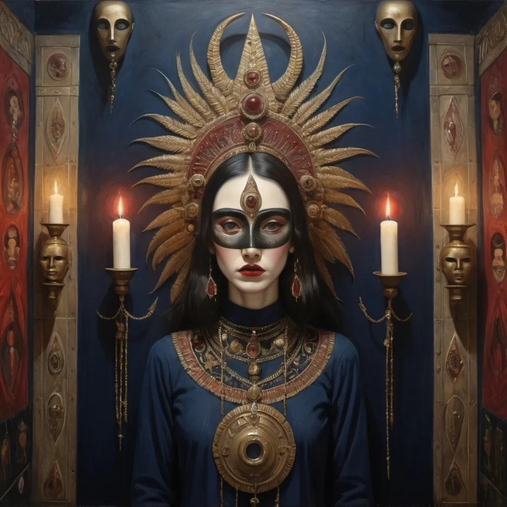 Prompt: Portrait of a beautiful cult leader, wearing a ritualistic mask; standing in a dimly lit underground chamber entryway adorned with symbols and flickering dark red candles, navy blue, intricate gold embellishments, elaborate, eerie, suspenseful, oils, expressive brushstrokes, light faint mist, Catherine Nolin, Margaret Macdonald Mackintosh, Deborah Turbeville, Rimel Neffati, Karol Bak, Leonora Carrington, Harumi Hironaka, fern