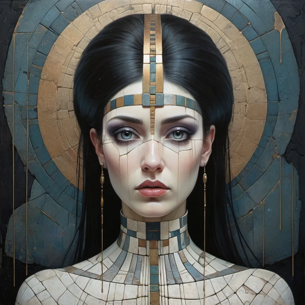 Prompt: Surreal Portrait, beautiful Anunnaki deity, Anunnaki deity, geometric lines, shadowy, eerie, ominous, distressed texture, cracked paint, detailed, perpendicular lines, color blocks, oils, expressive brushstrokes, contemporary, sgraffito, contemporary photograpy, Klimt, Margaret Macdonald Mackintosh, Mira Schendel, Alice Rahon, Tom Bagshaw, Karol Bak 