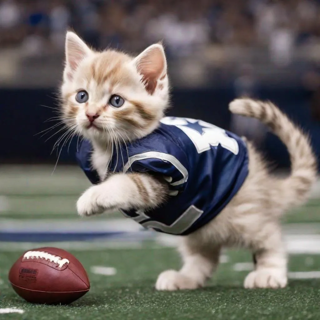Prompt: Kitten playing quarterback for the Dallas Cowboys