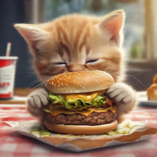 Prompt: Kitten eating a huge burger