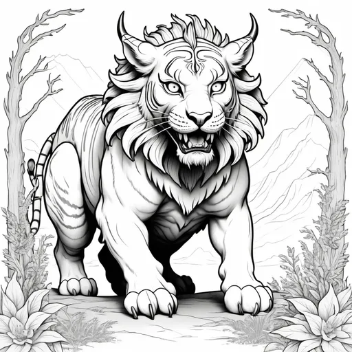 Prompt: B&w coloring book page, mythical beast liger cute and creepy, line art, solid white background