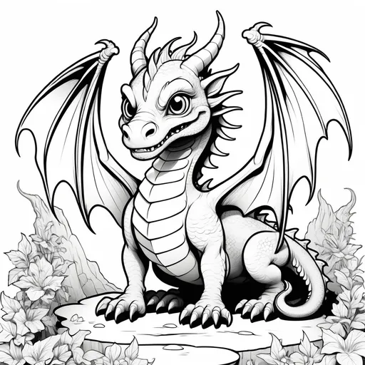 Prompt: B&W coloring book page, mythical dragon cute and creepy, line art, solid white background