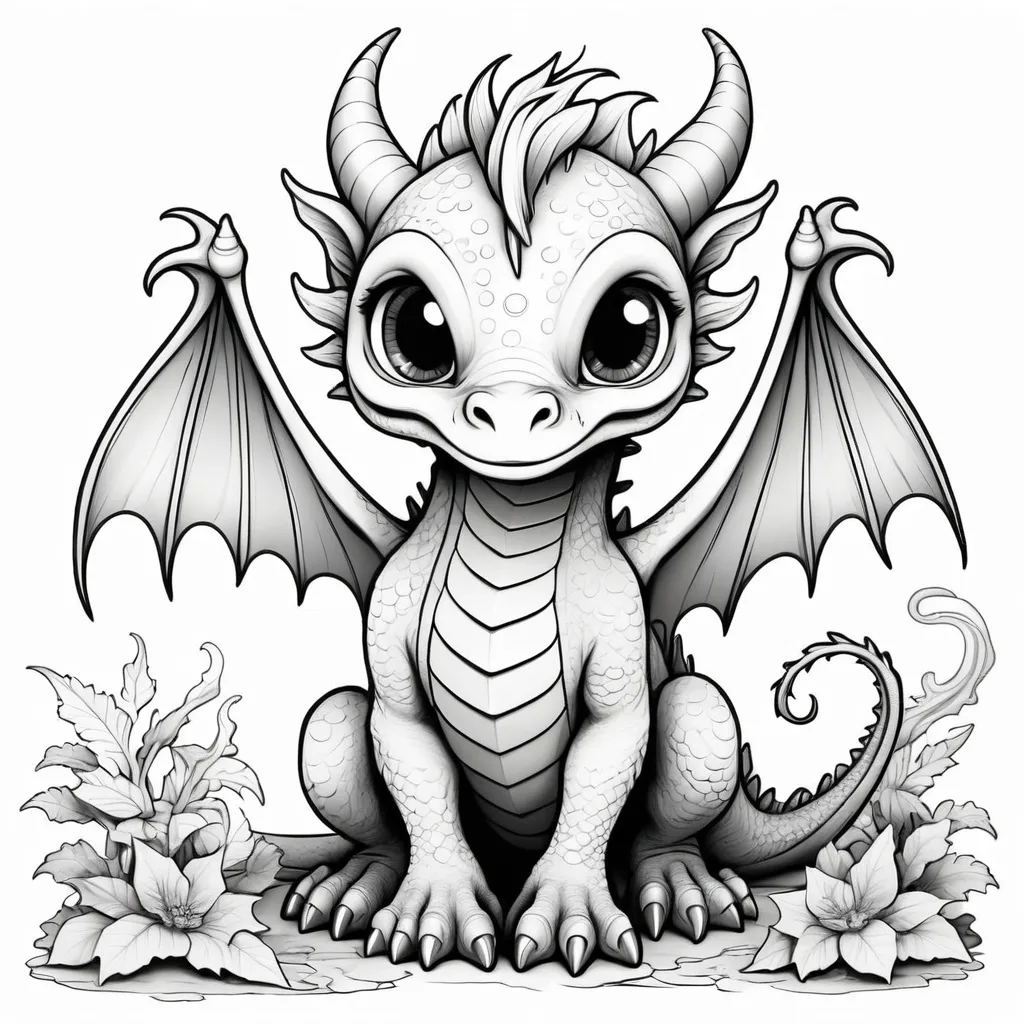 Prompt: B&W coloring book page, mythical dragon cute and creepy, line art, solid white background