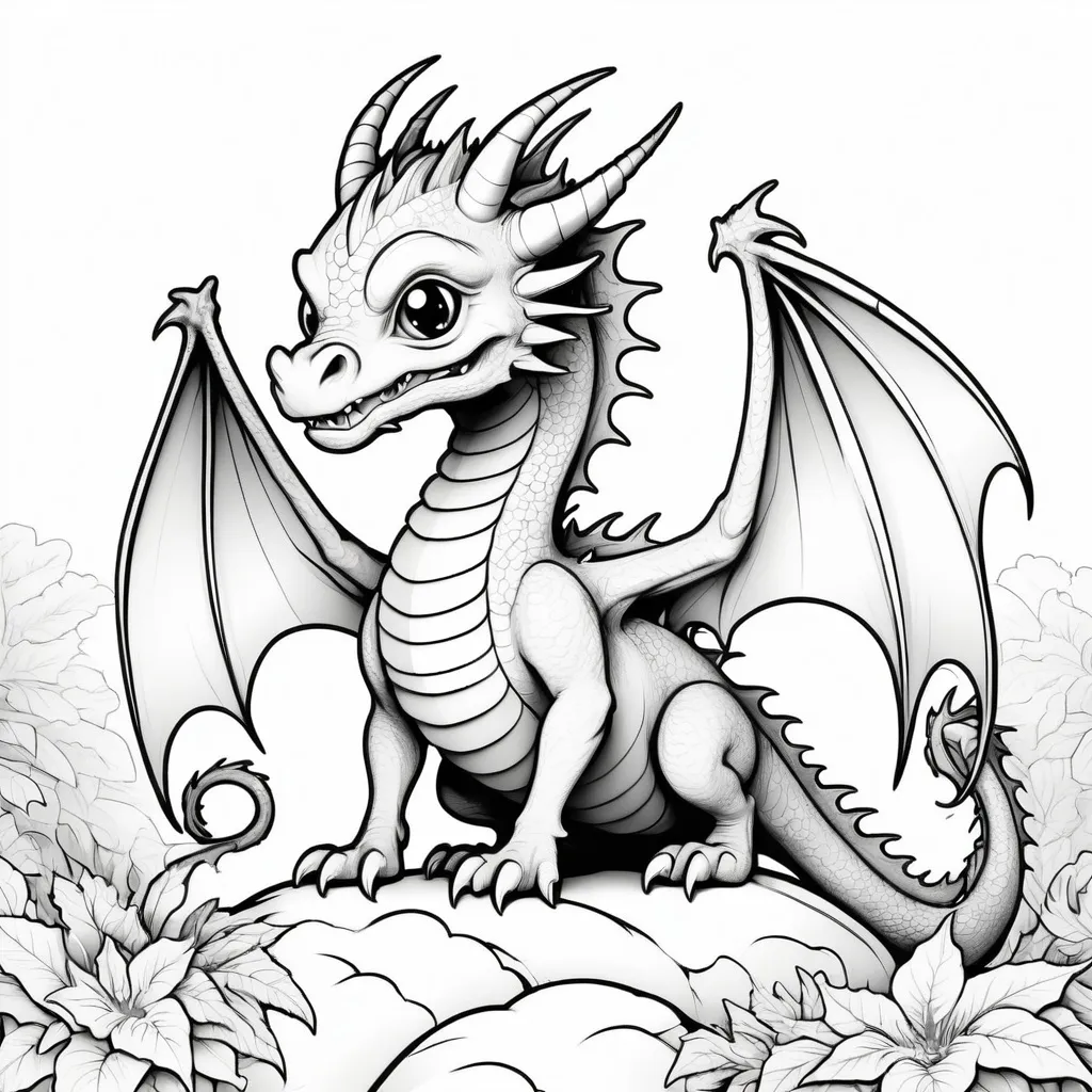 Prompt: B&W coloring book page, mythical dragon cute and creepy, line art, solid white background