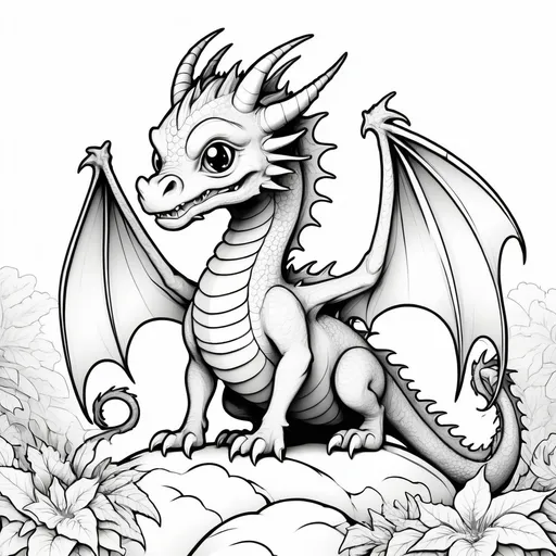 Prompt: B&W coloring book page, mythical dragon cute and creepy, line art, solid white background