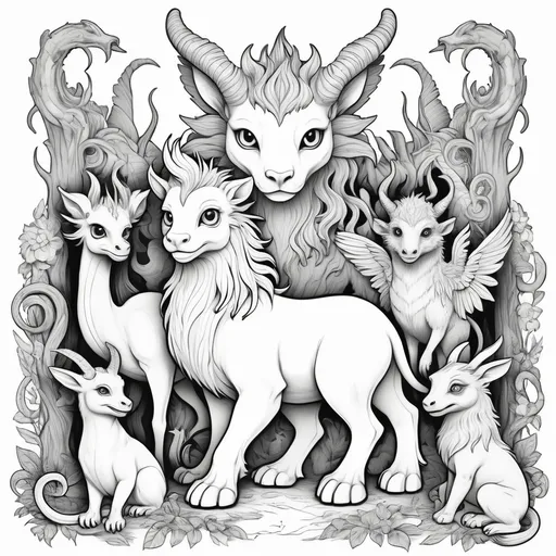 Prompt: B&W coloring book page, mythical beasts cute and creepy, line art, solid white background