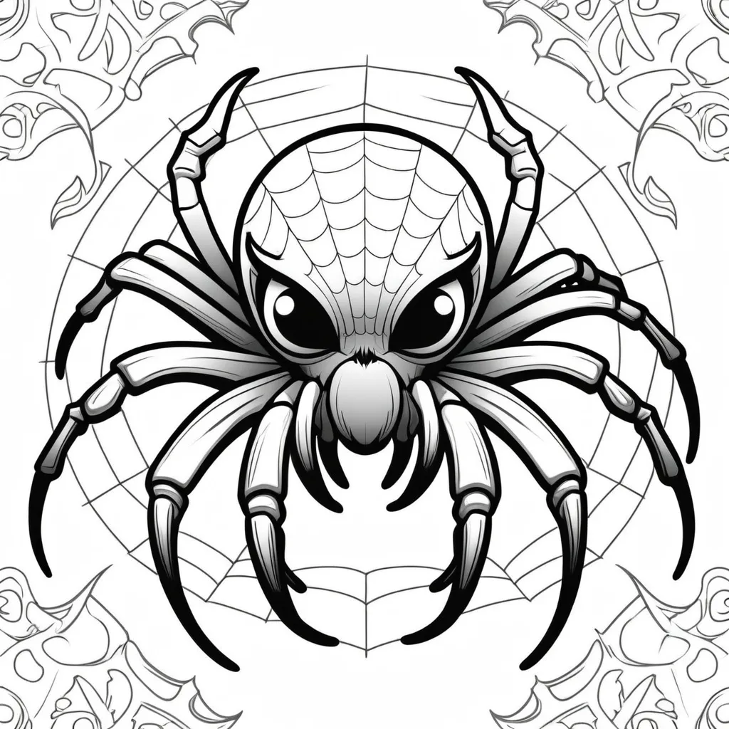 Prompt: B&w coloring book page, mythical beast spider cute and creepy, line art, solid white background