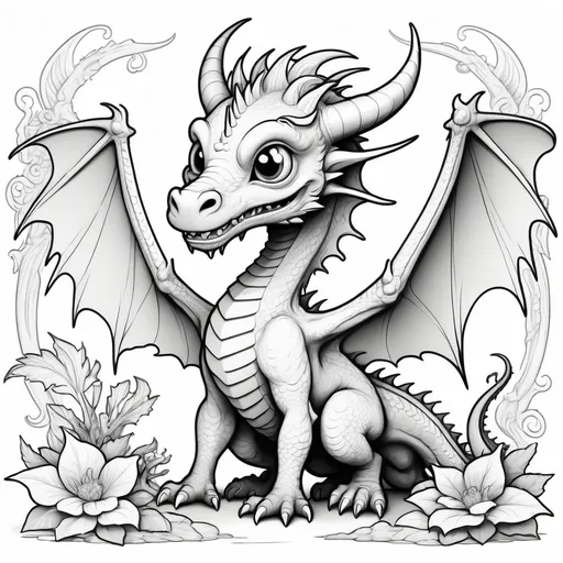 Prompt: B&W coloring book page, mythical dragon cute and creepy, line art, solid white background