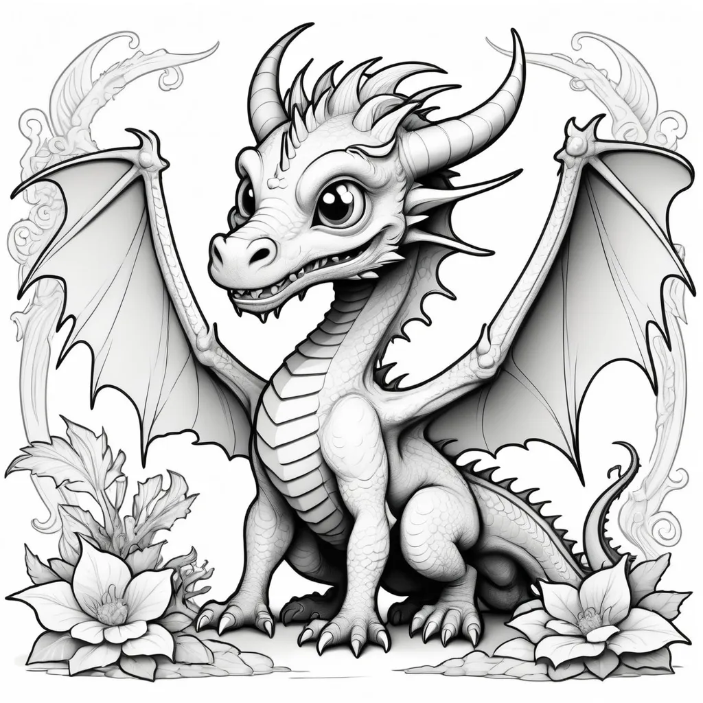 Prompt: B&W coloring book page, mythical dragon cute and creepy, line art, solid white background