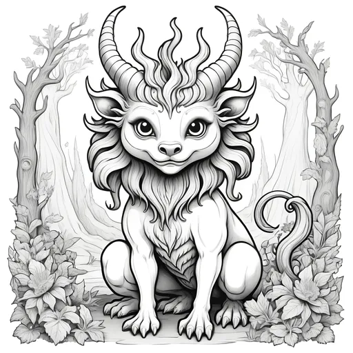 Prompt: B&W coloring book page, mythical beast cute and creepy, line art, solid white background