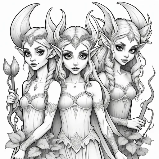 Prompt: B&w coloring book page, mythical beast elves and fairys cute and creepy, line art, solid white background