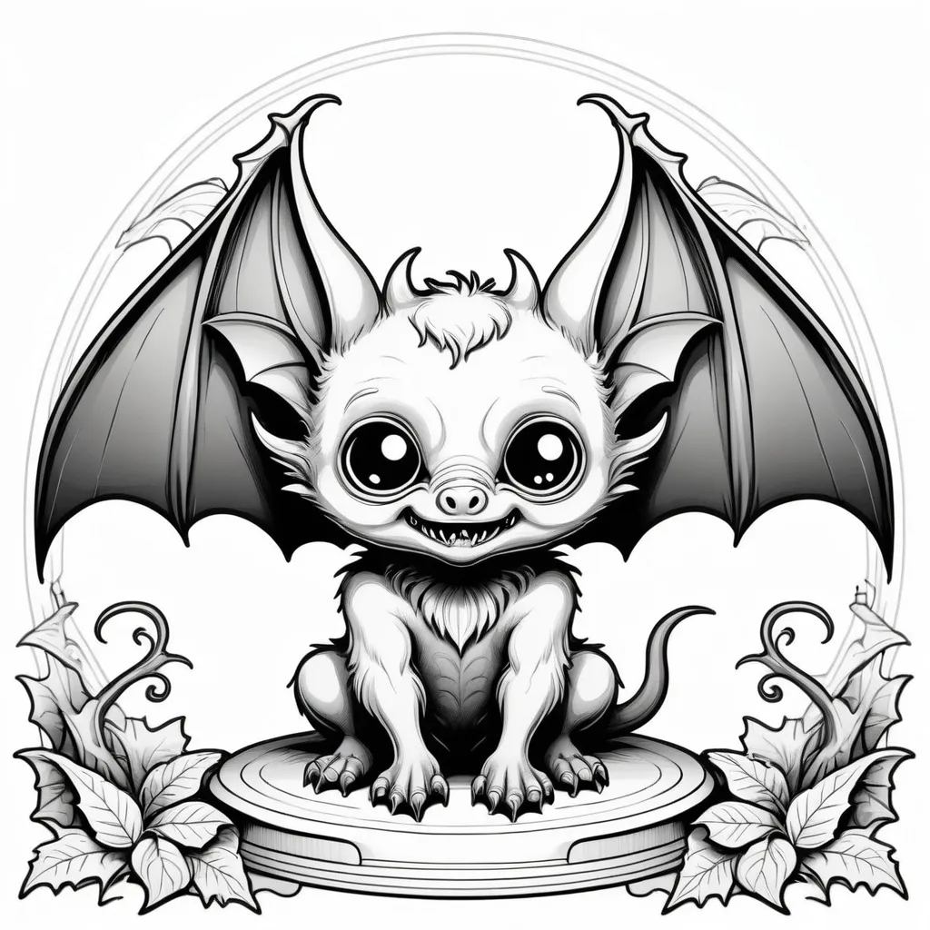 Prompt: B&w coloring book page, mythical beast bat cute and creepy, line art, solid white background