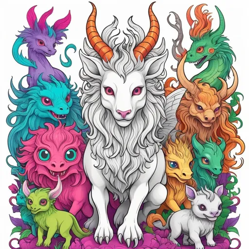 Prompt: Vivid color coloring book cover, mythical beasts cute and creepy, line art, solid white background