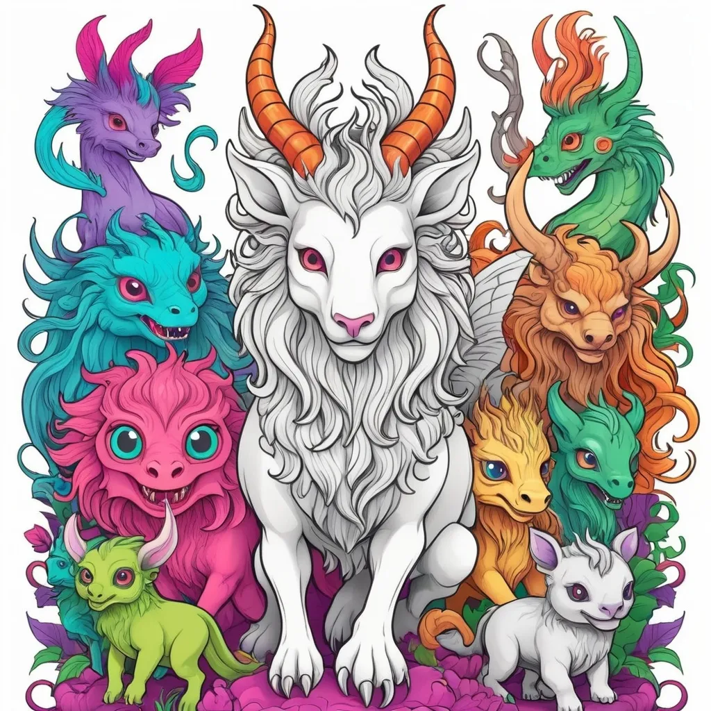 Prompt: Vivid color coloring book cover, mythical beasts cute and creepy, line art, solid white background