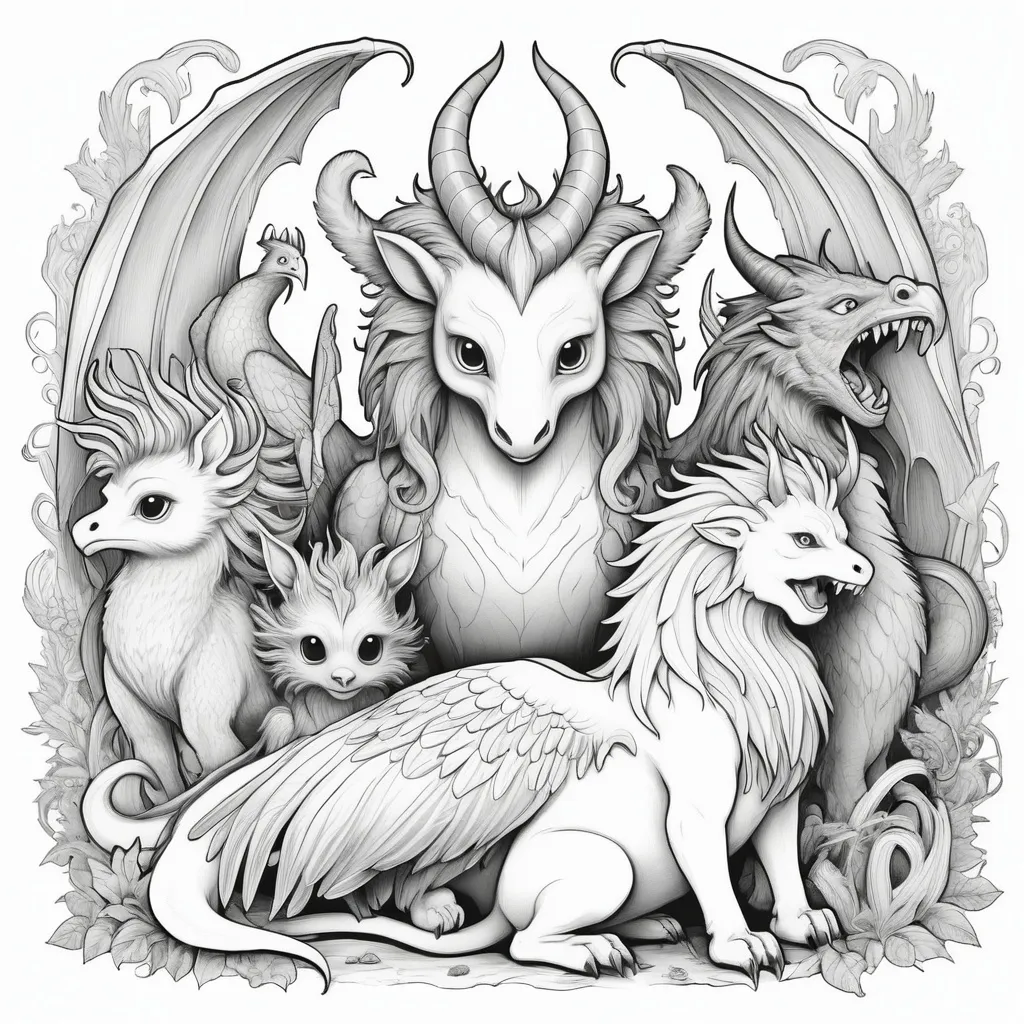 Prompt: B&W coloring book page, mythical beasts cute and creepy, line art, solid white background