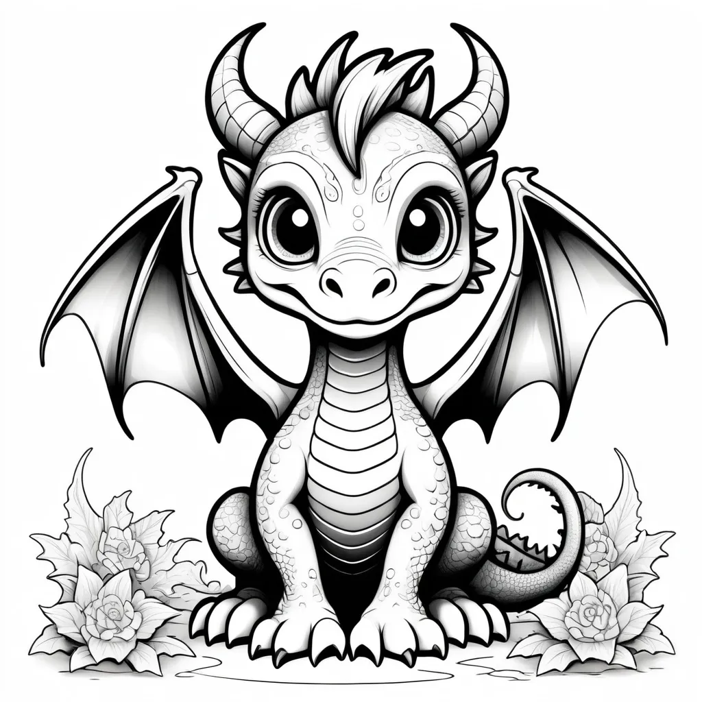 Prompt: B&W coloring book page, mythical dragon cute and creepy, line art, solid white background