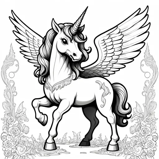 Prompt: B&w coloring book page, mythical beast winged unicorn cute and creepy, line art, solid white background