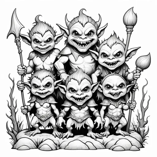 Prompt: B&w coloring book page, mythical beast goblins cute and creepy, line art, solid white background