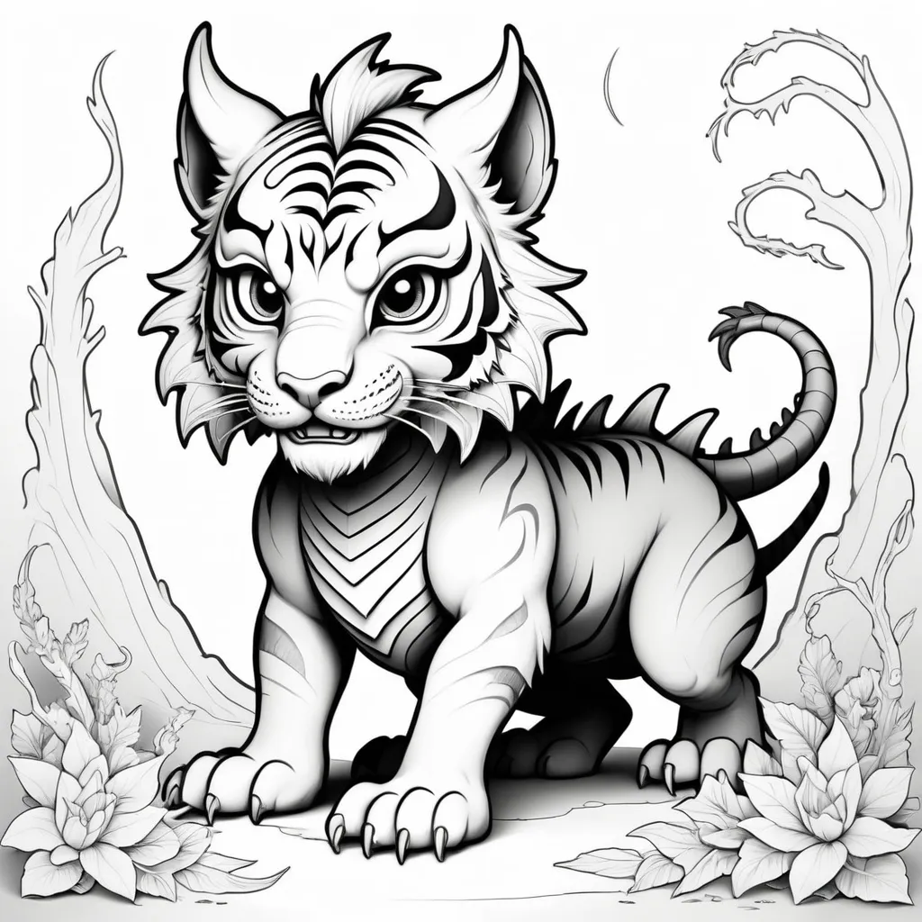 Prompt: B&w coloring book page, mythical beast tiger dragon cute and creepy, line art, solid white background