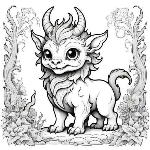 Prompt: B&W coloring book page, mythical beast cute and creepy, line art, solid white background