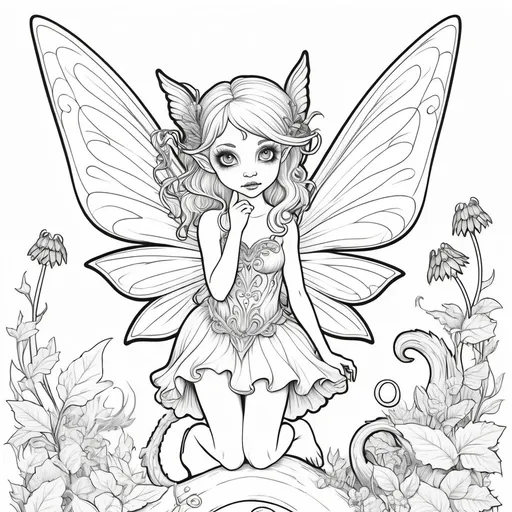 Prompt: B&w coloring book page, mythical beast fairy cute and creepy, line art, solid white background