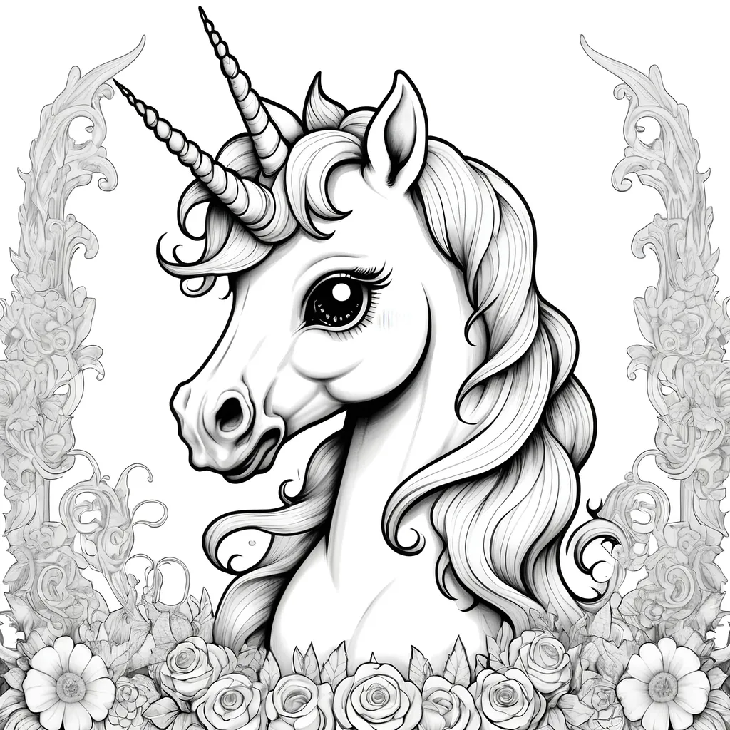 Prompt: B&W coloring book page, mythical unicorn cute and creepy, line art, solid white background