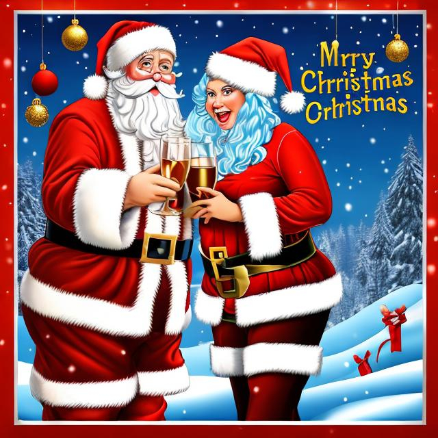 Prompt: Poster background for a Christmas and New-Year Office-themed large Search Word Puzzle, 25x25, inebriated  Santa with a necktie, and Mrs Santa in revealing  outfit, humorous, photorealistic