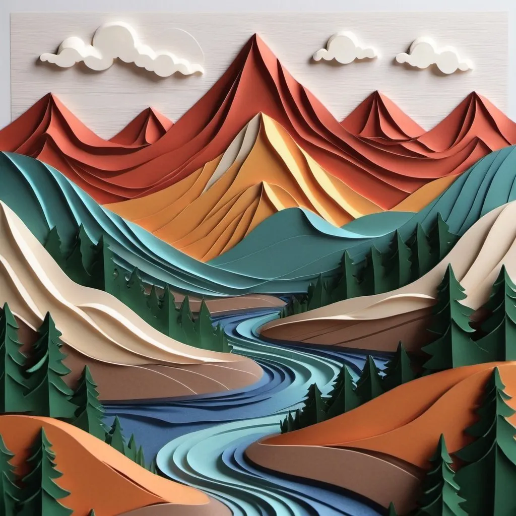 Prompt: river forest mountains, 2d embossed wavy art