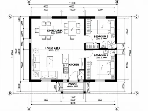 Prompt: 

"Create a clean black-and-white architectural floor plan with labeled rooms and dimensions. The layout should include:

A front porch (6000 mm x 3500 mm) leading to a living area (6000 mm x 8000 mm).

A dining area (6000 mm x 9000 mm) positioned behind the living area.

A kitchen on the right side (3400 mm depth), with sink, stove, cabinets, and a small circular breakfast counter.

Two bedrooms on the right side:

Bedroom 1 (3000 mm x 3000 mm) with bed, side tables, and closet.

Bedroom 2 (2000 mm x 3000 mm) with bed and closet.


A bathroom (1000 mm x 3000 mm) between Bedroom 1 and the kitchen.

Exterior walls clearly outlined, interior walls thinner.

Dimension lines around the plan with exact measurements (e.g., 11000 mm total width, 11000 mm total height).

Grid markers A–C horizontally and 1–4 vertically.

Labels: LIVING AREA, DINING AREA, KITCHEN, BEDROOM 1, BEDROOM 2, PORCH.

Include furniture symbols (sofa, table, beds) in a simple architectural style.

Add title block at the bottom: 'FLOOR PLAN – Scale 1:100'.
Style: technical drawing, CAD-like, clean lines, top view, monochrome."