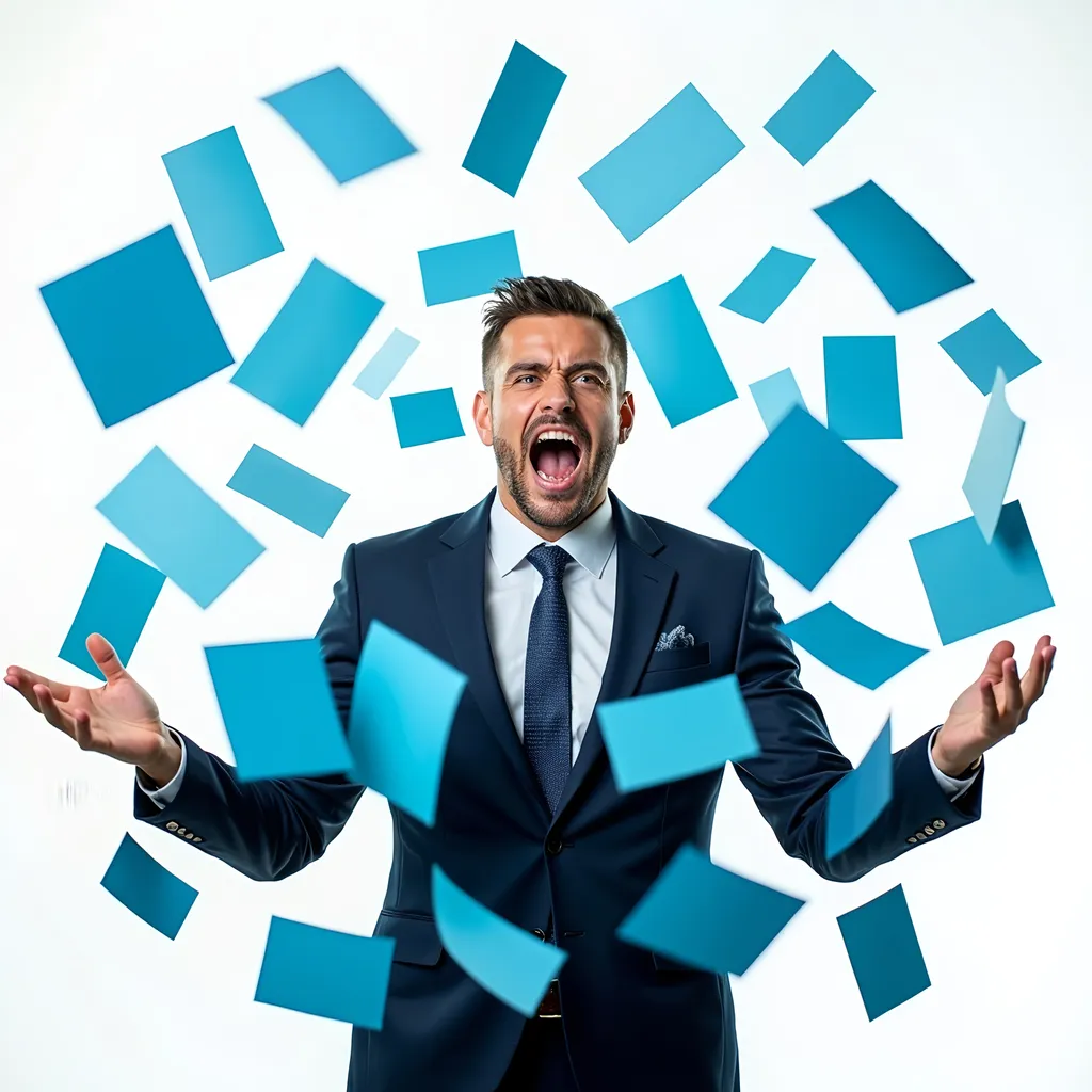 Prompt: Insurance salesman, surrounded by a myriad of brightly colored blue lead papers floating around him, energetic expression, dressed in a sharp suit, white background, motivational atmosphere, bright overhead lights illuminating the scene, polished surfaces reflecting light, dynamic composition, ultra-detailed, high-quality visual, capturing the excitement and potential of success in sales.