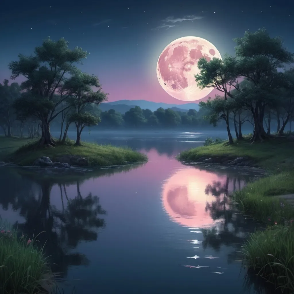 Prompt: A landscape that has the feeling of the shechina with a full moon and twilight skies and water, enchanted and muted, realistic. Summer night