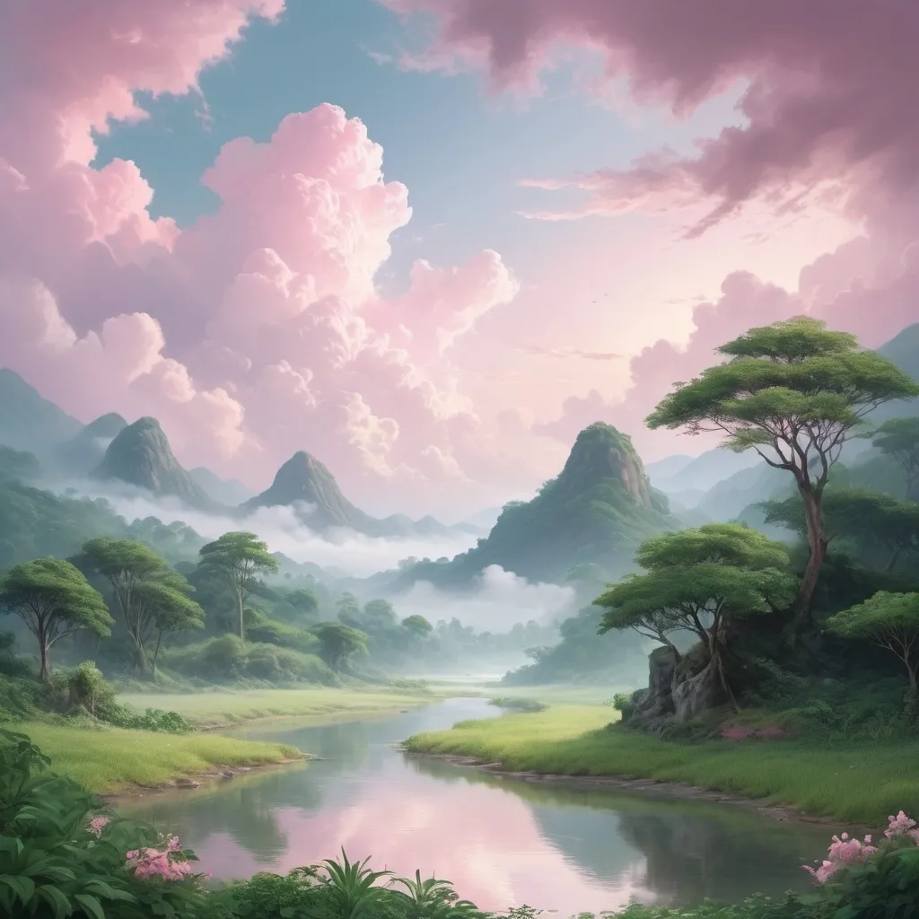 Prompt: A landscape that has the feeling of the shechina with pink