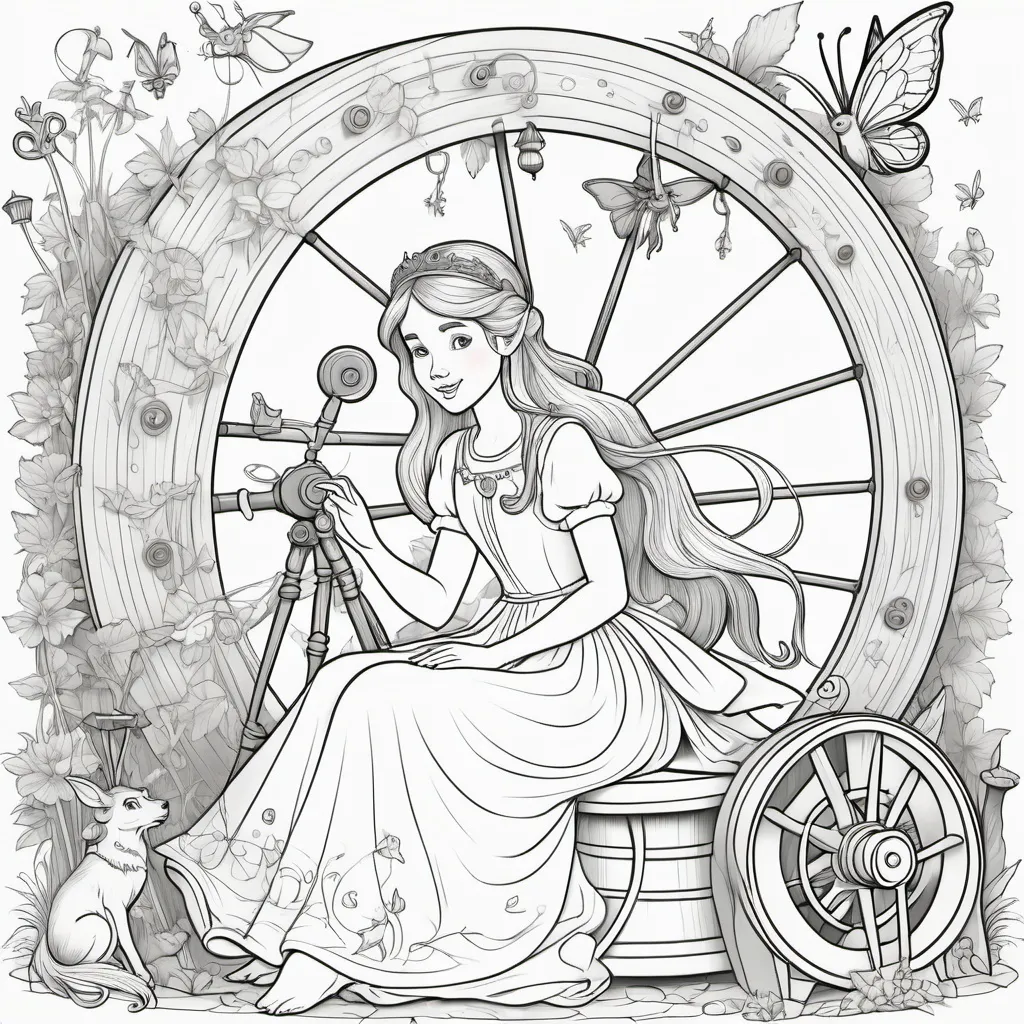 Prompt: A serene princess sitting by a spinning wheel, with fairies flitting around, outlined for a coloring book.