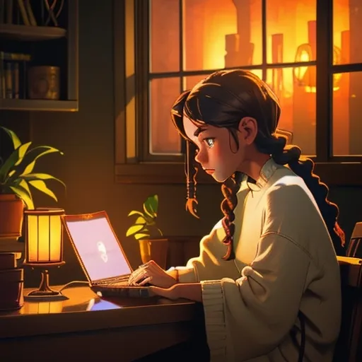 Prompt: masterpiece, best quality, a girl with braids, intricate, cozy big room with  table lamps and candle on , stydying on laptop, houseplants, window , chill vibes