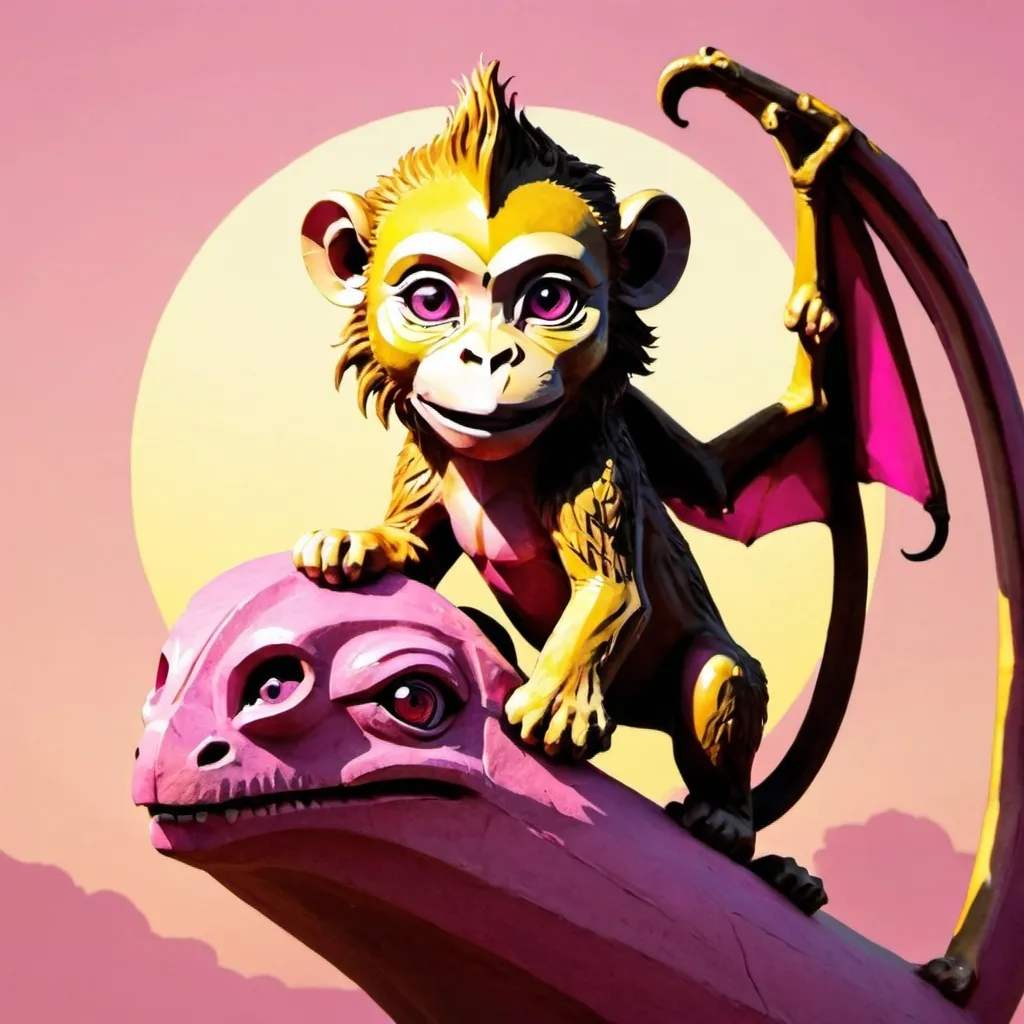 Prompt: A MONKEY HOLDEN A BIG IN NONE HAND AND A BABY LION IN THE OTER WITH A DRAGON THAT IS  PINK IN A YELLOW SKY

