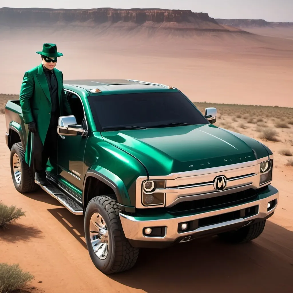 Prompt: Mars landscape Dark Emerald Green cyber truck Picture of Elon Musk as The Green Hornet on the hood.