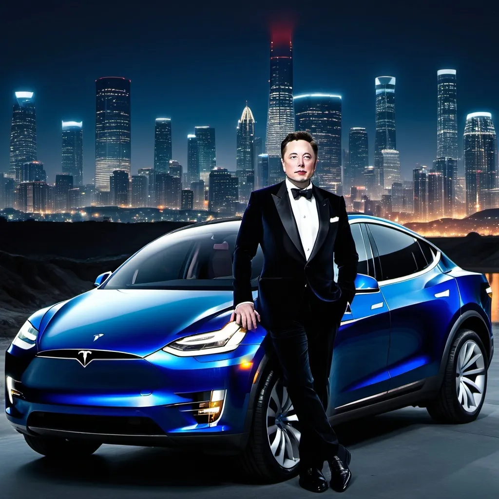 Prompt: Tesla Cyber truck dark blue city scape Elon Musk in tuxedo