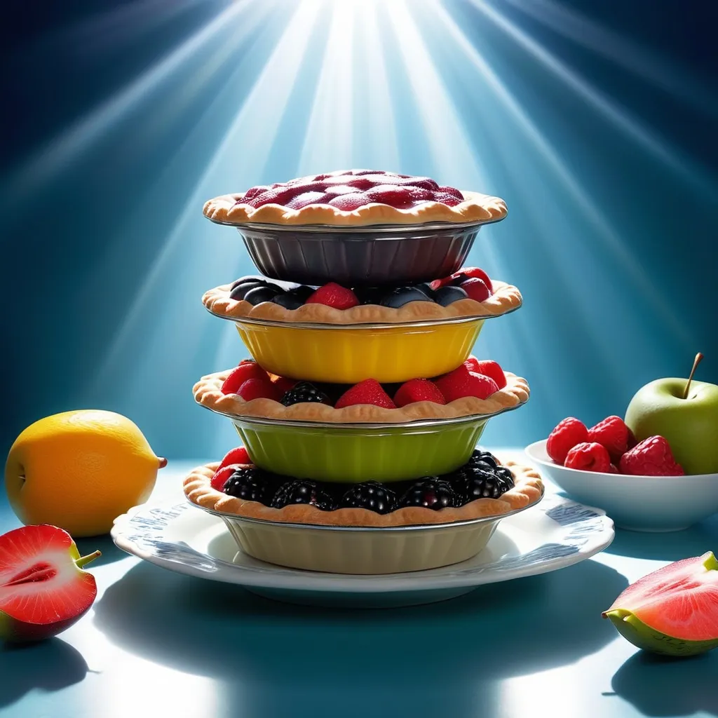 Prompt: "A  stack of fruit pies", sunshine rays, sharp focus, wide-angle lens, hyperrealism, Beryl Cook style, striking, award winning, 