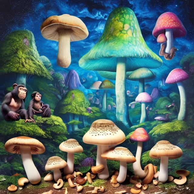 Prompt: Un crapaud, des champignons, des gorilles et chimpanzes mangeant au milieu d'une clairière, visions psychedeliques dans le ciel