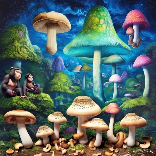 Prompt: Un crapaud, des champignons, des gorilles et chimpanzes mangeant au milieu d'une clairière, visions psychedeliques dans le ciel