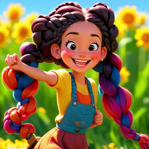 Prompt: Disney style farm girl with braids and a happy smile, vibrant colors, sunny