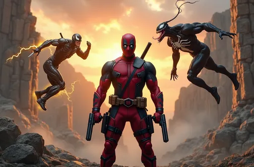 Prompt: Ultra-realistic, epic desktop wallpaper in 4K with dramatic depth and cinematic lighting. In the foreground, Deadpool stands confidently, dual katanas drawn, with pistols holstered, smirking at the viewer — his red and black suit detailed and battle-worn. To the left, GodSpeed is caught mid-sprint in a lightning-charged pose, golden energy streaking behind him, his eyes glowing and his armor gleaming under the sunset light. To the right, Venom is roaring mid-leap from a ruined stone archway, symbiote tendrils spiraling out, muscles tensed, mouth wide open showing sharp teeth and tongue. The scene is set atop a massive mountain battlefield at golden hour, with jagged cliffs, a massive waterfall in the background, and dragons circling a fiery, cloud-filled sky. Highly detailed textures, volumetric lighting, atmospheric fog, and strong perspective — all characters clearly visible, balanced in composition, with dynamic poses and motion frozen in time. Perfect for an epic 4K desktop wallpaper. 