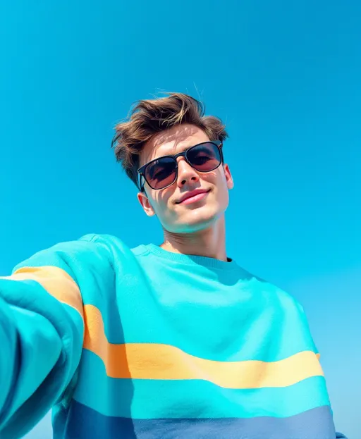 Prompt: Beneath a clear blue sky, a young man poses confidently for a selfie, tilting his head slightly with a relaxed expression. His styled hair frames his face, and he sports oversized sunglasses that add to his cool demeanor. Clad in a vibrant, teal sweater adorned with horizontal stripes, he holds the camera at arm's length, capturing both his upper body and the expansive sky above. The sunlight casts a bright glow, enhancing the colors of his outfit and creating a cheerful atmosphere. With a sense of carefree style, the image radiates youthful exuberance and a laid-back vibe.