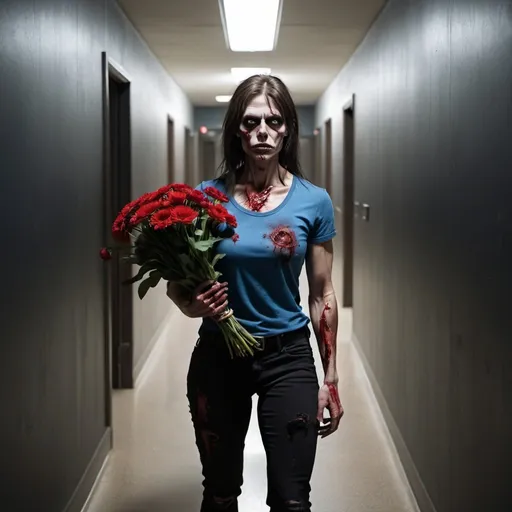 Prompt: In a dark modern hallway a muscular female zombie wearing a blue shirt and wearing black trousers holds a bunch of red and white flowers. It is dark with no visible lights.