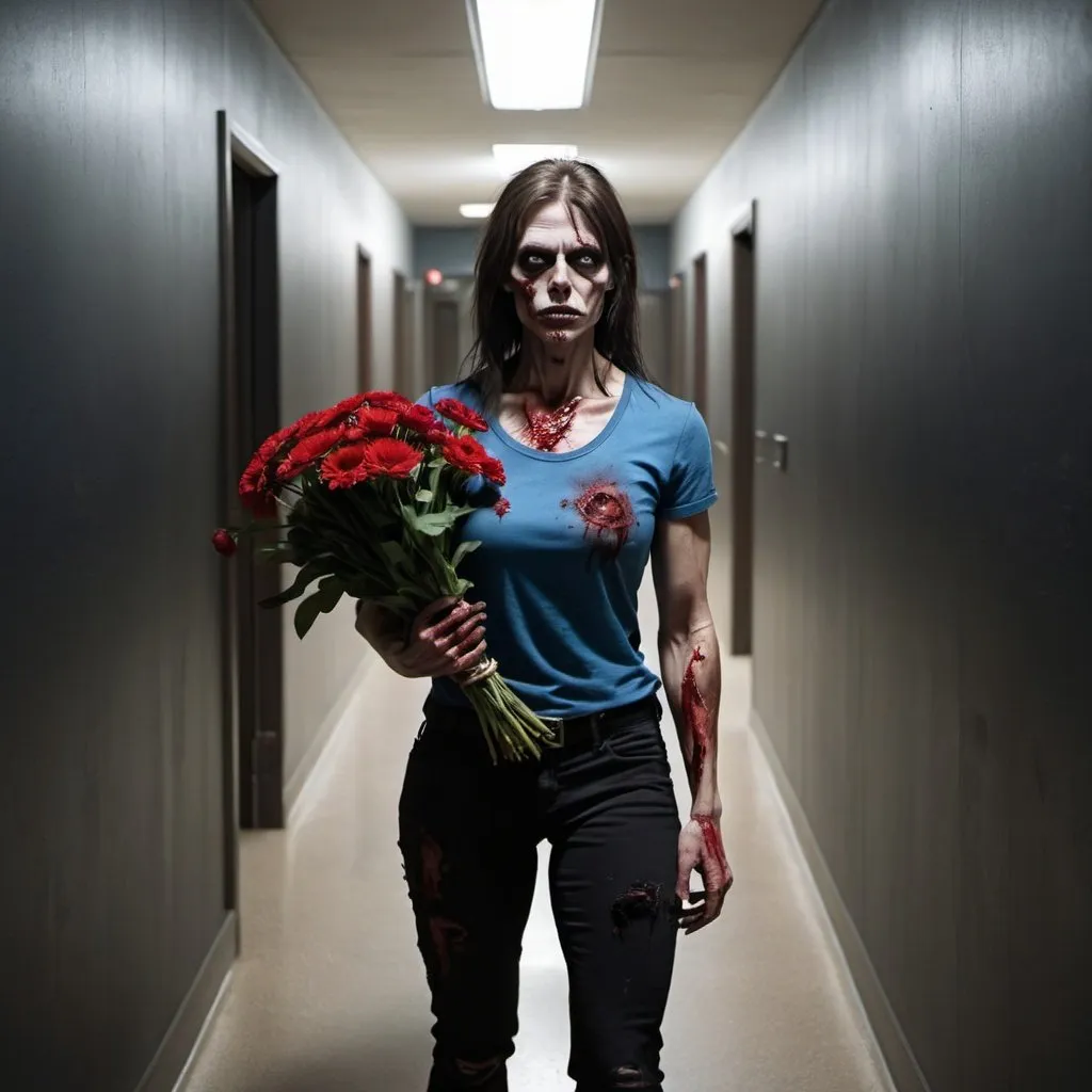 Prompt: In a dark modern hallway a muscular female zombie wearing a blue shirt and wearing black trousers holds a bunch of red and white flowers. It is dark with no visible lights.