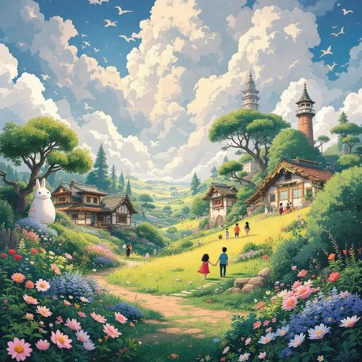 Prompt: Studio Ghibli style illustration, vibrant colors, whimsical characters, enchanting landscapes, soft and dreamlike textures, lush greenery, intricate details, fantastical elements, charming atmosphere, nostalgic feel, rich storytelling, magical realism, high-quality, artistic masterpiece, captivating composition.