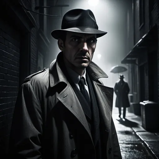 Prompt: Dark alley inspector, noir, mysterious fog, intense gaze, vintage detective hat, trench coat, dramatic lighting, high contrast, gritty texture, realistic, thriller, noir, detailed eyes, highres, atmospheric lighting in a long dark street