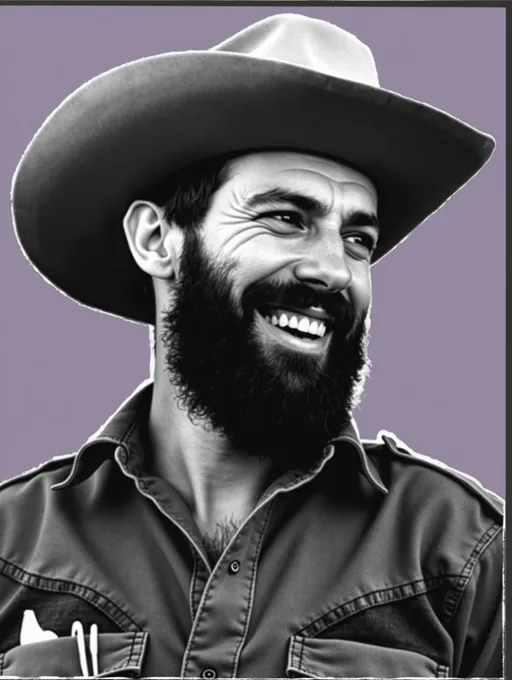 Prompt: A man with a full beard and a broad-brimmed cowboy hat beams with a joyful grin, capturing a moment of unrestrained happiness. His shirt, reminiscent of a rugged outdoor setting, suggests he is a person at ease in nature or among comrades. The composition contrasts his lively expression against a soft purple background, which adds a whimsical quality to the image. The lighting highlights his joyous demeanor, creating an inviting atmosphere that radiates warmth and camaraderie. This striking portrayal conveys a sense of adventure and the joy of life, inviting the viewer to share in the moment.