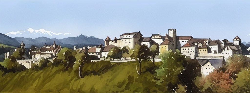 Prompt: Old medieval scenery seen with mountain range behind, gouache watercolor